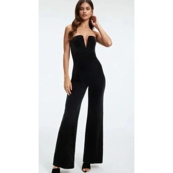 Good American Jumpsuit Size 1 Small Black Strapless Velvet V Neck - Picture 2 of 14